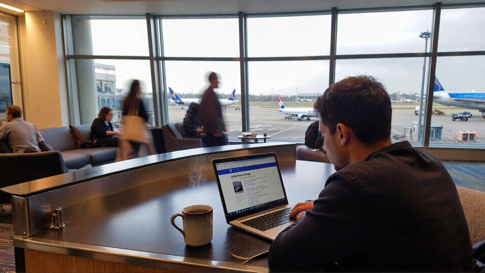 Traveler in airport lounge researching JetBlue name change on laptop with planes visible through large windows in the background